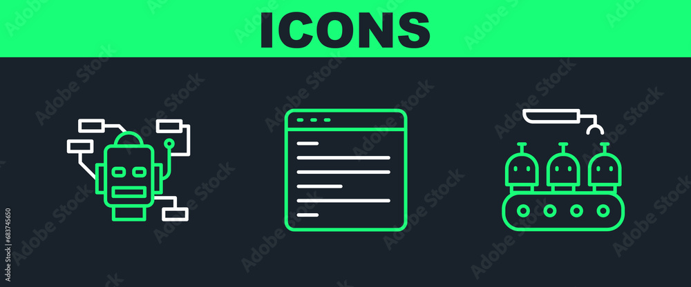 Poster set line industrial production of robots, robot and computer api interface icon. vector