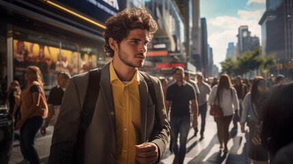 Selbstbewusster Geschäftsmann in Anzug lächelt auf der Straße der Stadt – Symbol für urbanes Berufsleben und Führung - obrazy, fototapety, plakaty