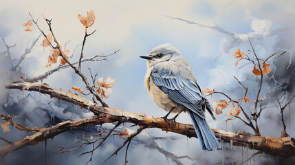 Watercolor Oil Painting of An Evocative Depicts a Solitary Bird Perched on a Withered branch Against  Background