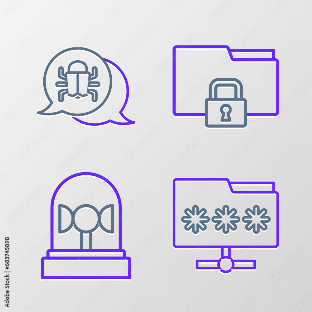 Poster set line folder with password, flasher siren, and lock and system bug icon. vector