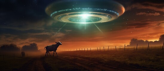 3D Illustration a cow floating to inside of ufo alien ship at night view. AI generated image