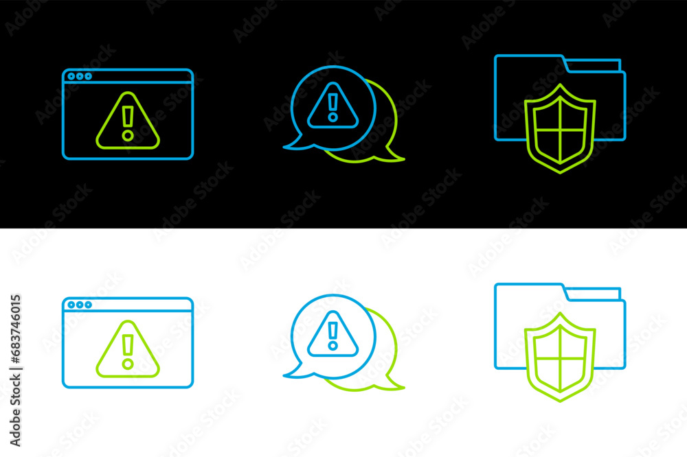 Poster set line document folder protection, browser with exclamation mark and exclamation in triangle icon.