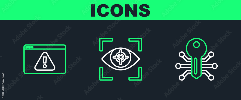Poster set line smart key, browser with exclamation mark and eye scan icon. vector