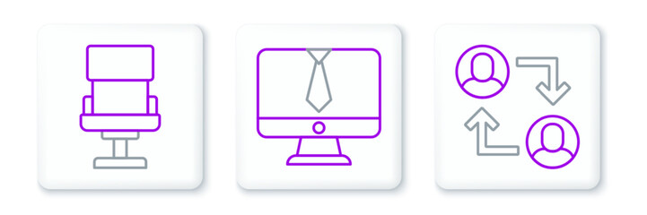 Set line Project team base, Office chair and Video chat conference icon. Vector