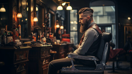 A stylish bearded man is sitting in a chair in the barbershop.