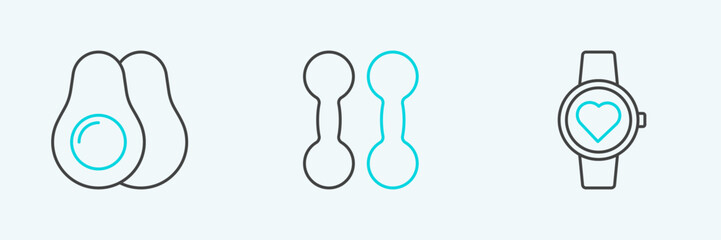 Set line Smart watch, Avocado fruit and Dumbbell icon. Vector