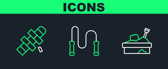 Set line Sandbox with sand, Hopscotch and Jump rope icon. Vector
