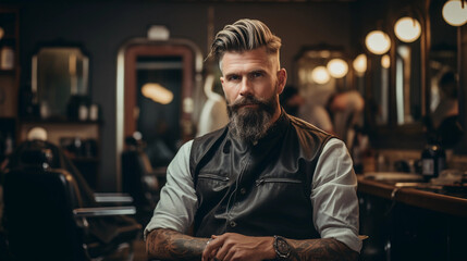 A stylish bearded man is sitting in a chair. Bartender, barber