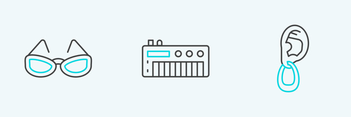 Set line Ear with earring, Glasses and Music synthesizer icon. Vector