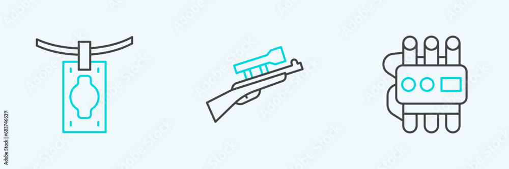 Aufkleber set line dynamite and timer clock, money laundering and sniper rifle with scope icon. vector