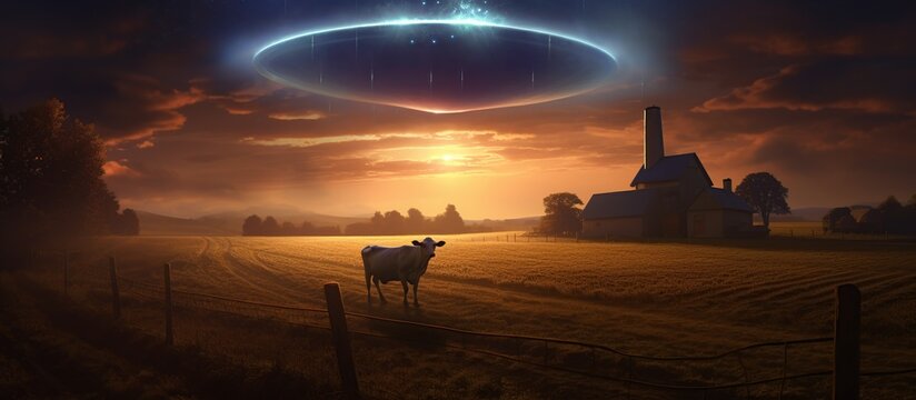 3D Illustration a cow floating to inside of ufo alien ship at night view. AI generated image
