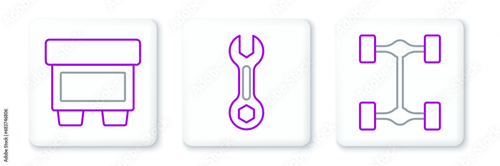 Poster set line chassis car, fuse and wrench spanner icon. vector
