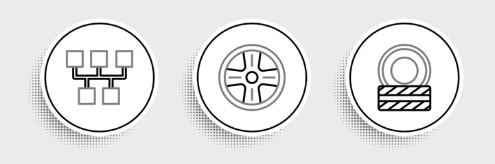 Set line Car tire wheel, Gear shifter and Alloy icon. Vector