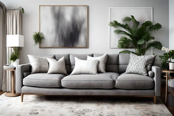 Create a calming atmosphere with a Gray Color Sofa, placed harmoniously in a serene room. 