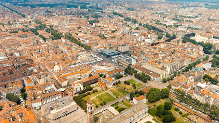 Turin, Italy. Piazza della Repubblica City square with market. Panorama of the historical city center. Summer day, Aerial View