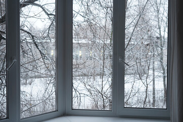 Fototapeta premium Window frame, view from the window, landscape with winter park trees. 