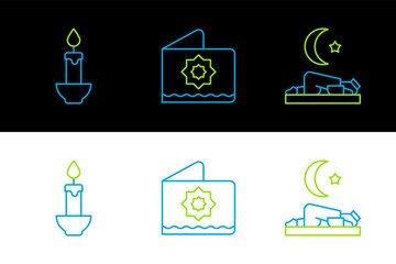 Set line Muslim man prays, Burning candle and Octagonal star icon. Vector