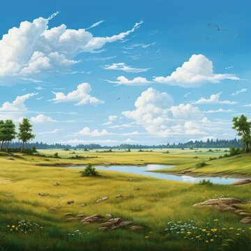 Scenic beautiful view on meadow near river landscape. AI generated image