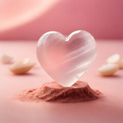 Selenite healing Stone in heart shaped on blurred background. Healing love stones. 