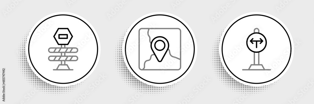 Poster set line fork in the road, road barrier and folded map with location marker icon. vector