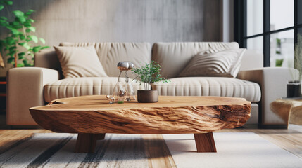 Wooden coffee table close up. The interior design of a modern living room. Modern design of living quarters. Natural wood.
