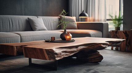 Wooden coffee table close up. The interior design of a modern living room. Modern design of living quarters. Natural wood.