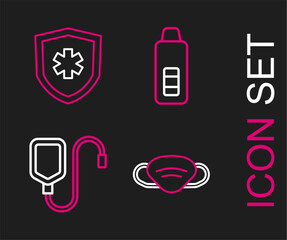 Set line Medical protective mask, IV bag, Digital thermometer and Life insurance icon. Vector