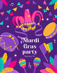 Mardi Gras party poster. Card, invitation template for masquerade carnival, festival. Venetian facial mask, drum, maracas, feathers. Flat vector illustration on purple background. Clipping mask
