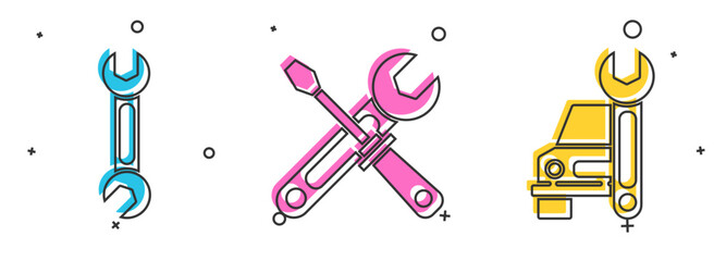 Obraz premium Set Wrench, Screwdriver and wrench tools and Car service icon. Vector