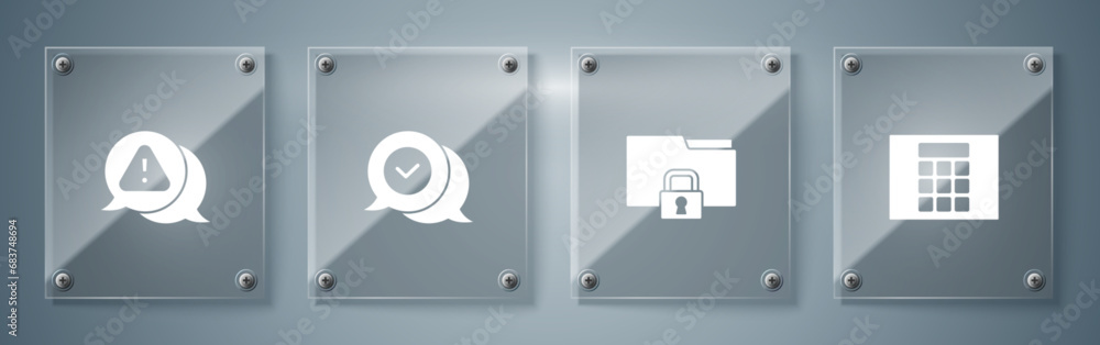 Poster set password protection, folder and lock, check mark in speech bubble and exclamation triangle. squa