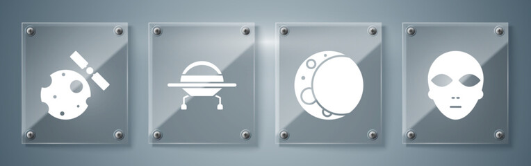 Set Alien, Moon, UFO flying spaceship and Satellites orbiting the planet Earth. Square glass panels. Vector