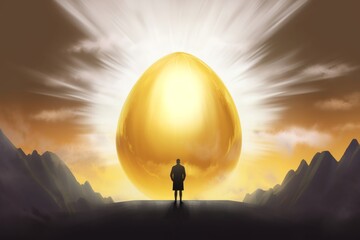 Digital illustration painting design style a businessman standing in front of huge golden egg, against heaven and sunlight, Generative AI