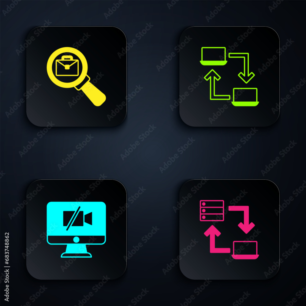 Poster set online working, magnifying glass with briefcase, video camera off on computer and . black square