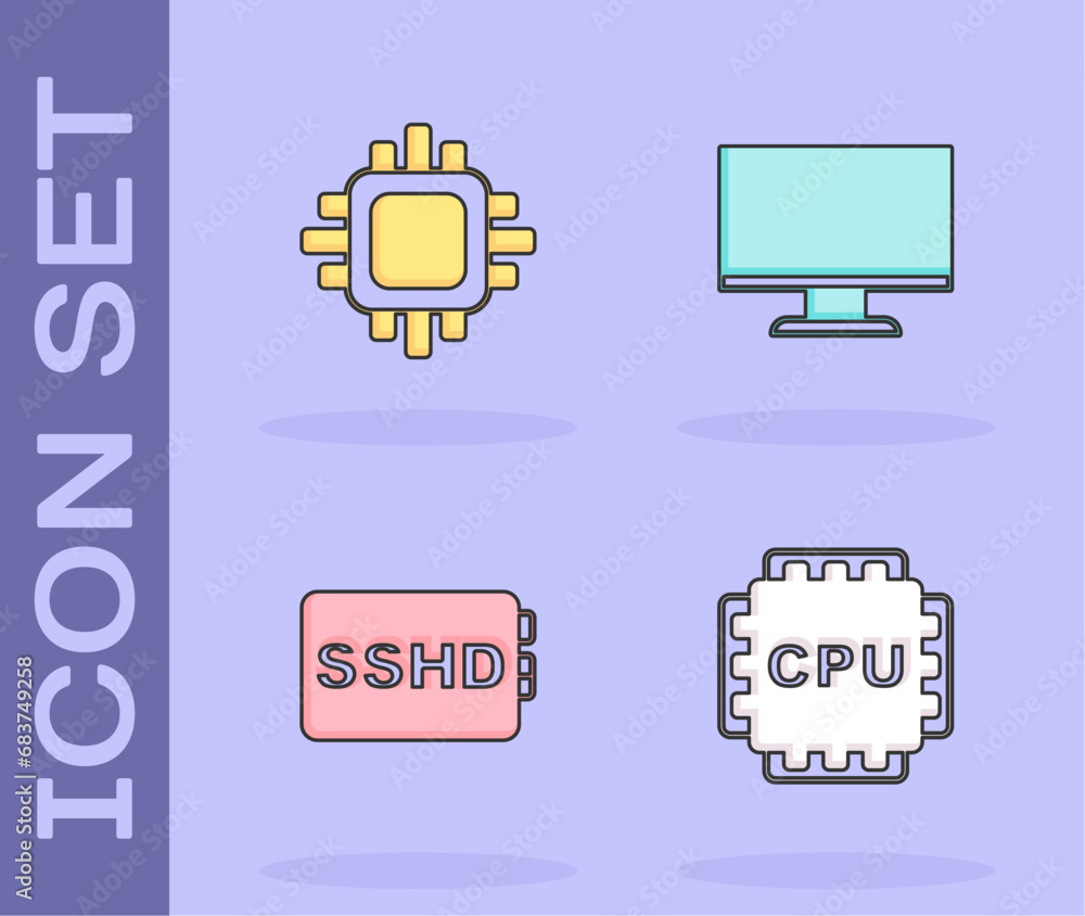 Poster set processor with cpu, , sshd card and computer monitor screen icon. vector