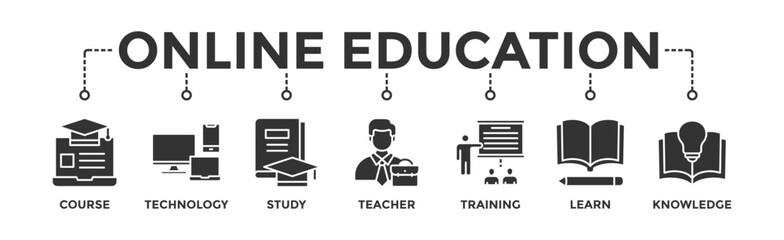 Online education banner web icon vector illustration concept with icon of course, technology, study, teacher, training, learn and knowledge
