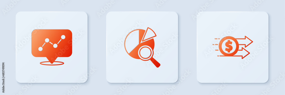 Poster set search data analysis, graph chart infographic and financial growth dollar. white square button. 