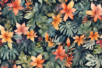 Summer floral pattern watercolors, tropical leaves pattern - obrazy, fototapety, plakaty