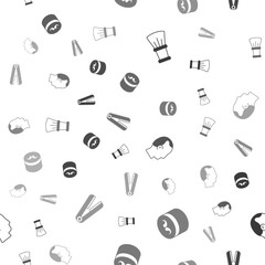 Set Shaving brush, Gel or wax for hair styling, Baldness and Curling iron on seamless pattern. Vector
