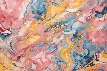 watercolor marble pattern with ocean background in pink, yellow and blue