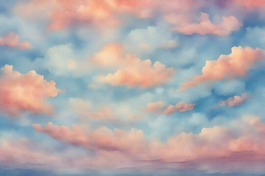 watercolor background, colorful sunset or Easter sunrise sky, blue clouds textured grunge pattern
