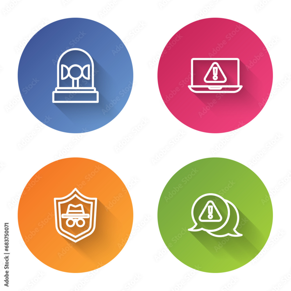 Poster set line flasher siren, laptop with exclamation mark, incognito mode and exclamation in triangle. co
