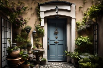Fototapeta na wymiar An elegant back door with access to a European-style courtyard. 