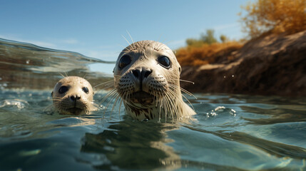 Two Huge and Cute Seal Animals in Ocean Seascape Blurry Background