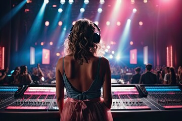 Vibrant exposure of DJ Concert, Backshot of soundboard player with neon lights