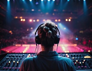 Vibrant exposure of DJ Concert, Backshot of soundboard player with neon lights
