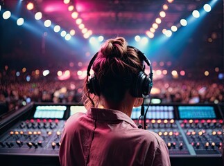 Vibrant exposure of DJ Concert, Backshot of soundboard player with neon lights