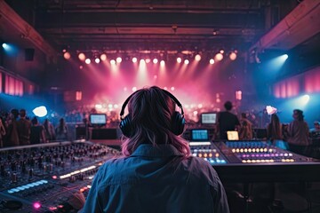Vibrant exposure of DJ Concert, Backshot of soundboard player with neon lights