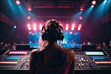Vibrant exposure of DJ Concert, Backshot of soundboard player with neon lights