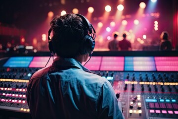 Vibrant exposure of DJ Concert, Backshot of soundboard player with neon lights