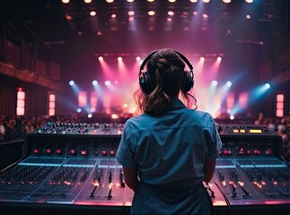 Vibrant exposure of DJ Concert, Backshot of soundboard player with neon lights